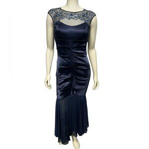 Xscape Dark Blue Mermaid Formal Prom Dress Cap Sleeve Sweetheart Neckline Gems